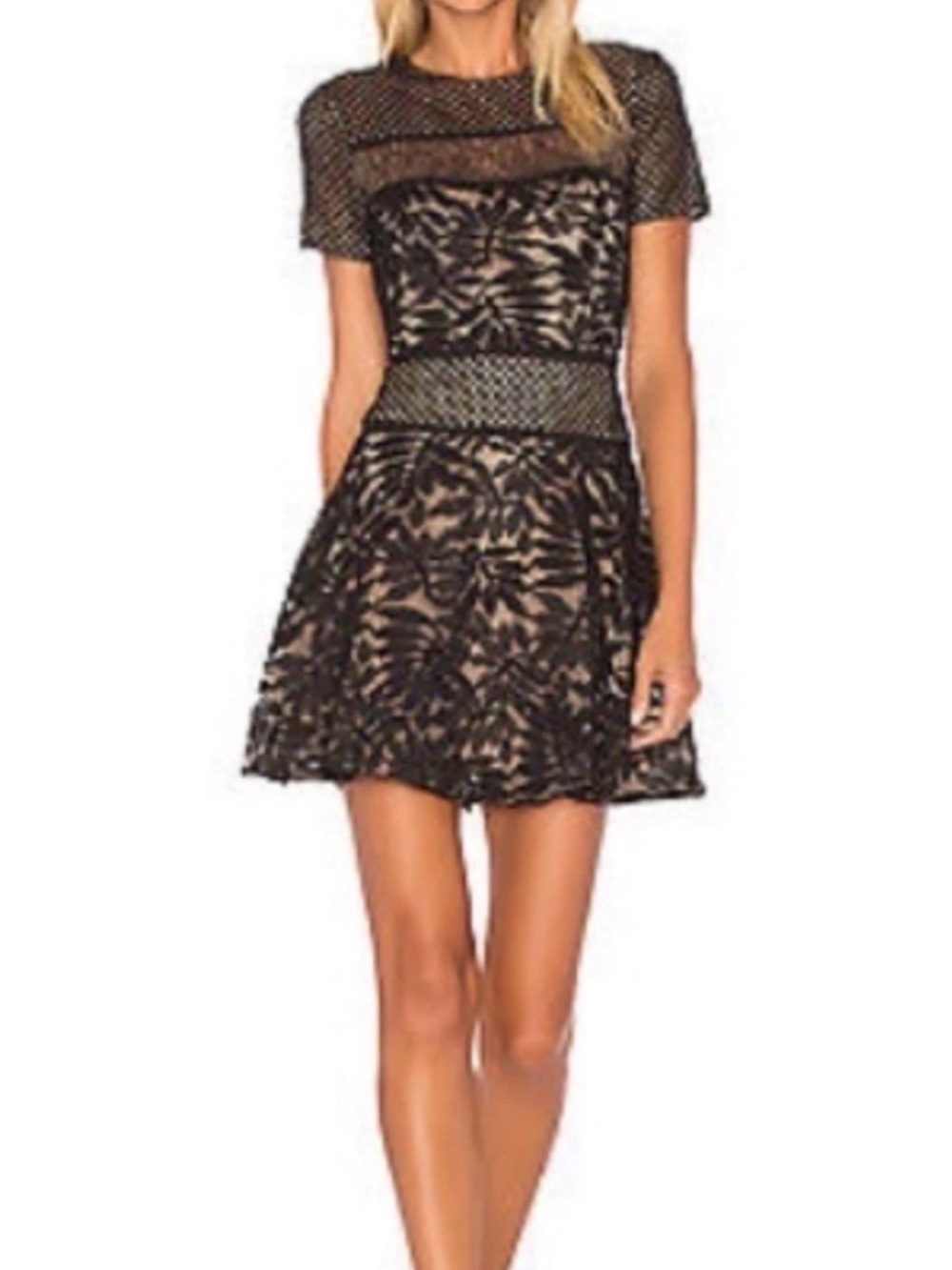 BCBGMaxAzria Eleanor Black Tan Lace Overlay Fit & Flare Mini Cocktail Dress